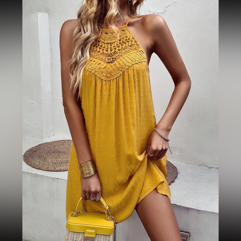 Boho lace insert Swiss dot halter dress mustard yellow - Picture 1 of 12
